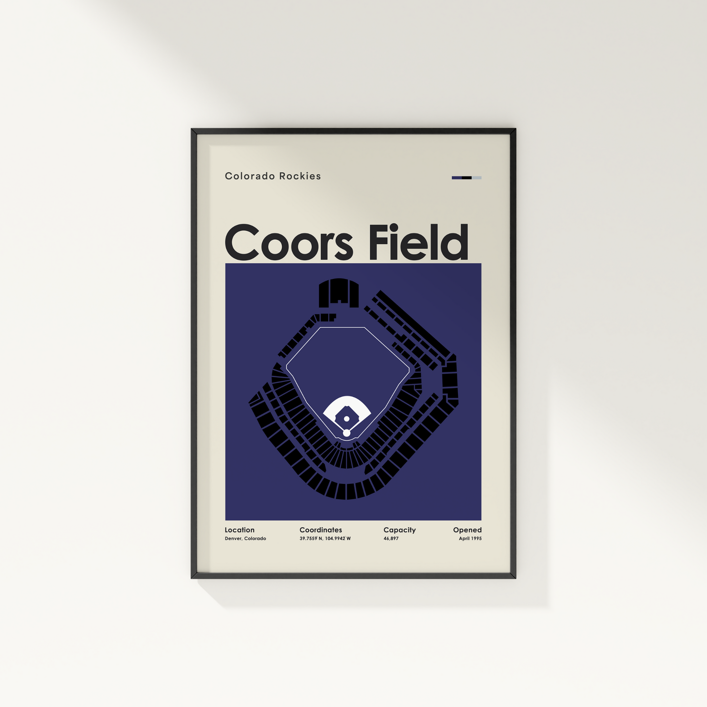 Framed poster of Coors Field with Colorado Rockies branding on a white wall.