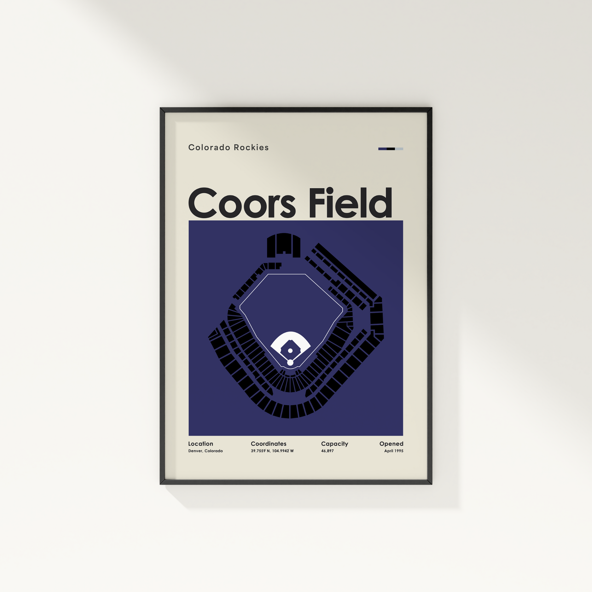 Framed poster of Coors Field with Colorado Rockies branding on a white wall.