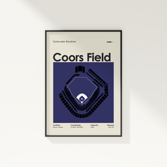 Framed poster of Coors Field with Colorado Rockies branding on a white wall.