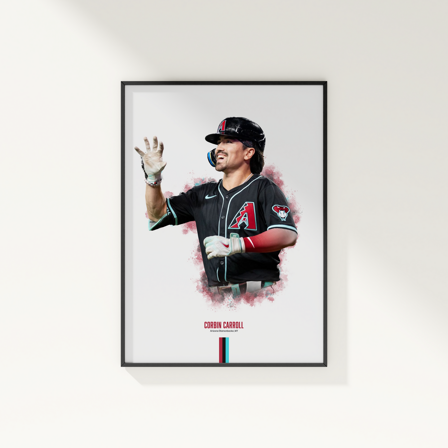 framed poster mockup of baseball player corbin carroll hanging on a white wall