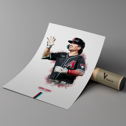 poster mockup of baseball player corbin carroll leaning on a cardboard tube