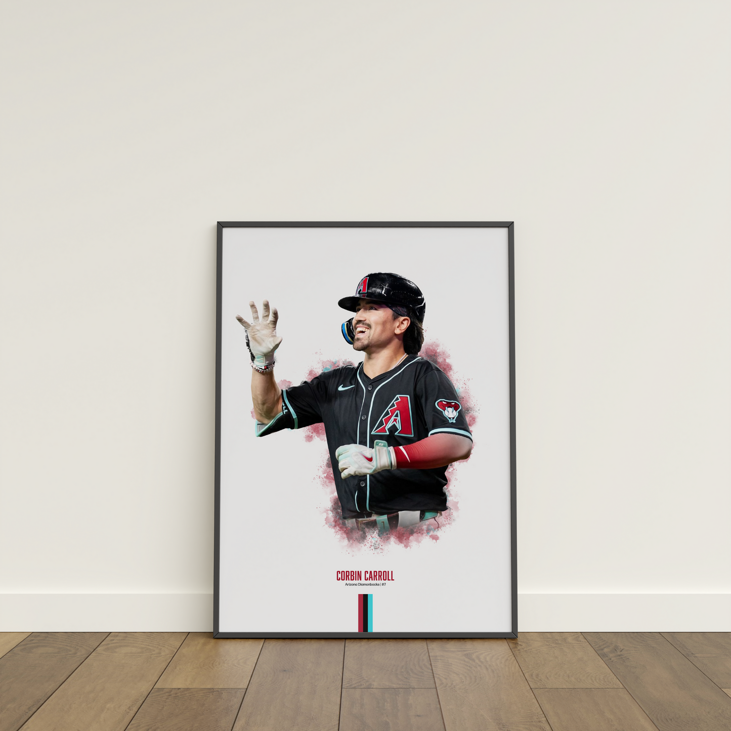 framed poster mockup of baseball player corbin carroll leaning on a white wall