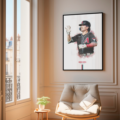 framed poster mockup of baseball player corbin carroll hanging in a living room