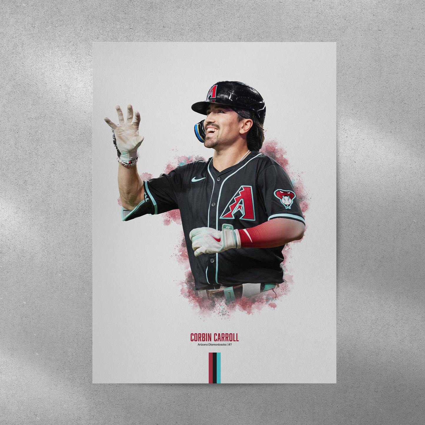 poster mockup of baseball player corbin carroll on a grey wall