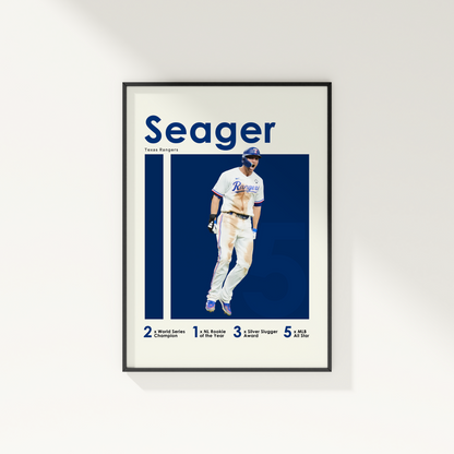 framed poster mockup of baseball player corey seager hanging on a white wall