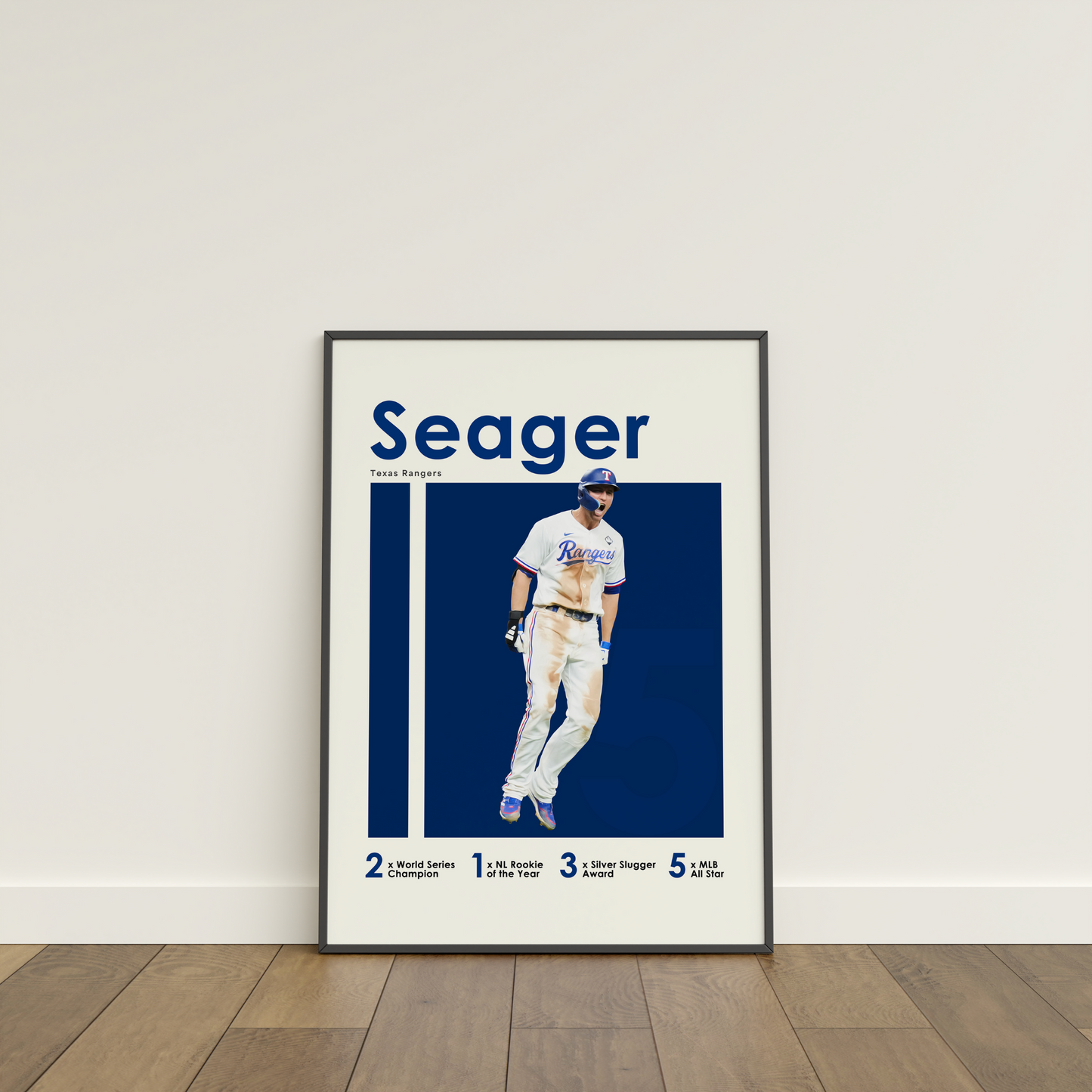 framed poster mockup of baseball player corey seager leaning on a white wall