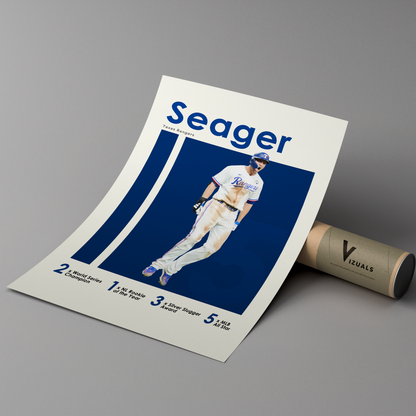 poster mockup of baseball player corey seager leaning on a branded cardboard tube