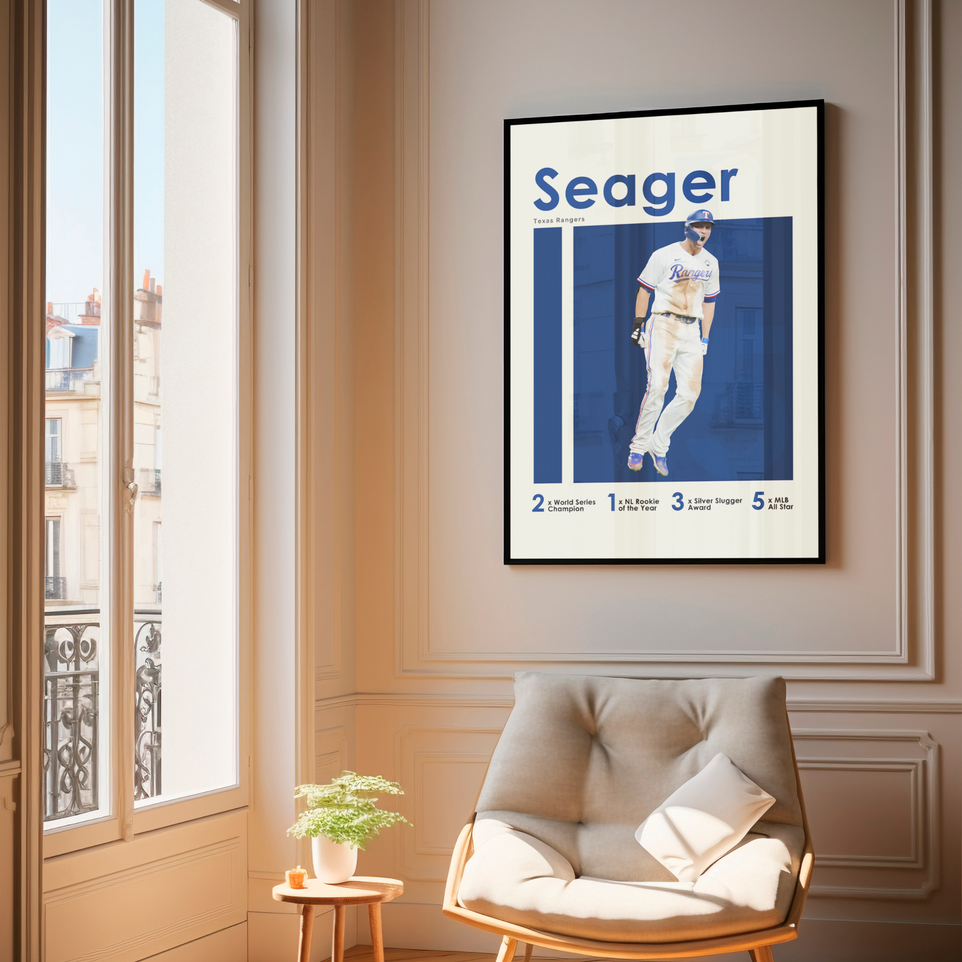 framed poster mockup of baseball player corey seager hanging in a living room