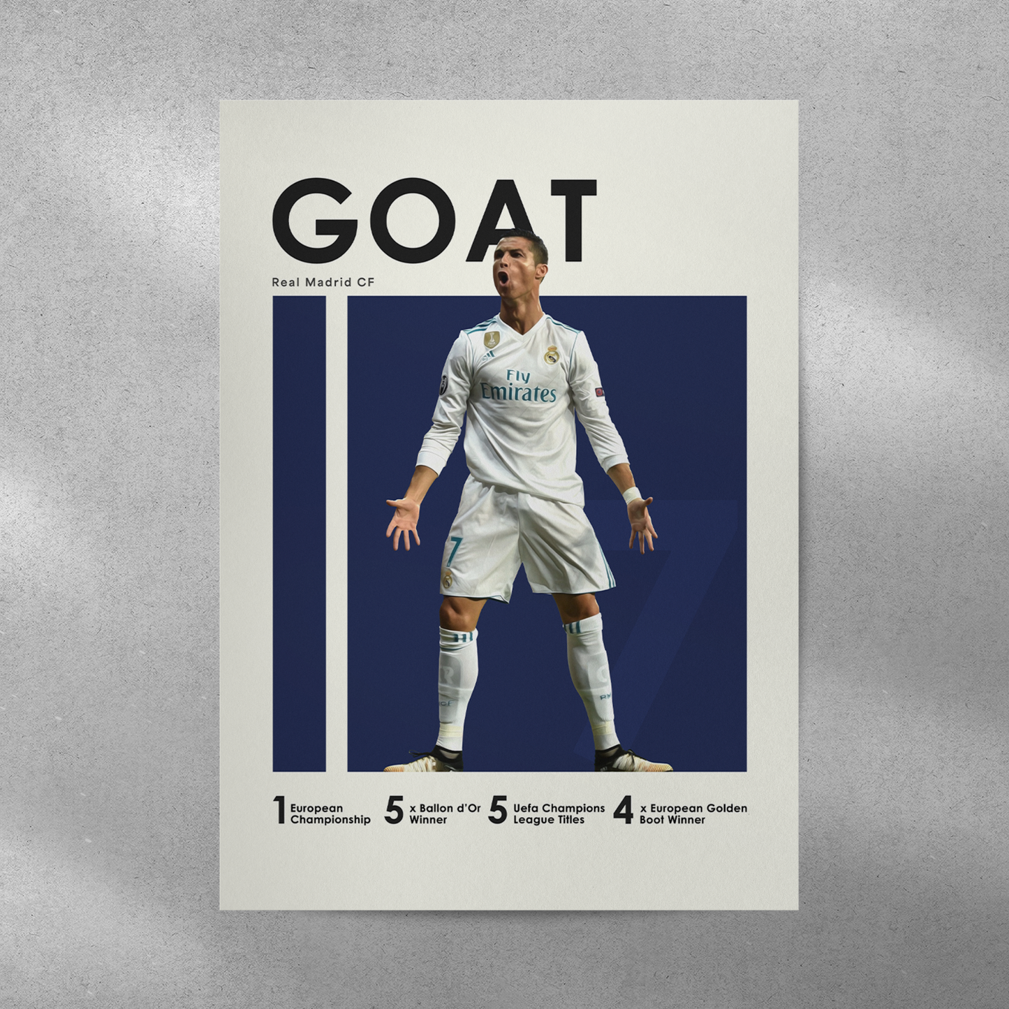 poster mockup of soccer player cristiano ronaldo on a grey wall