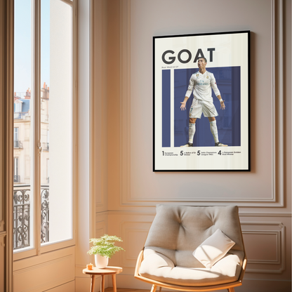 framed poster mockup of soccer player cristiano ronaldo hanging in a living room