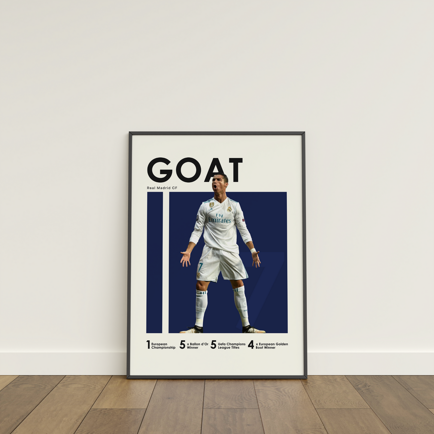 framed poster mockup of soccer player cristiano ronaldo leaning on a white wall