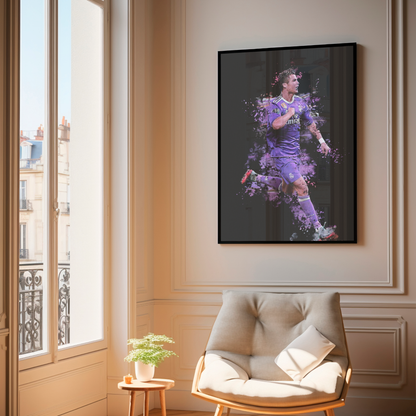 framed poster mockup of soccer player cristiano ronaldo hanging in a living room