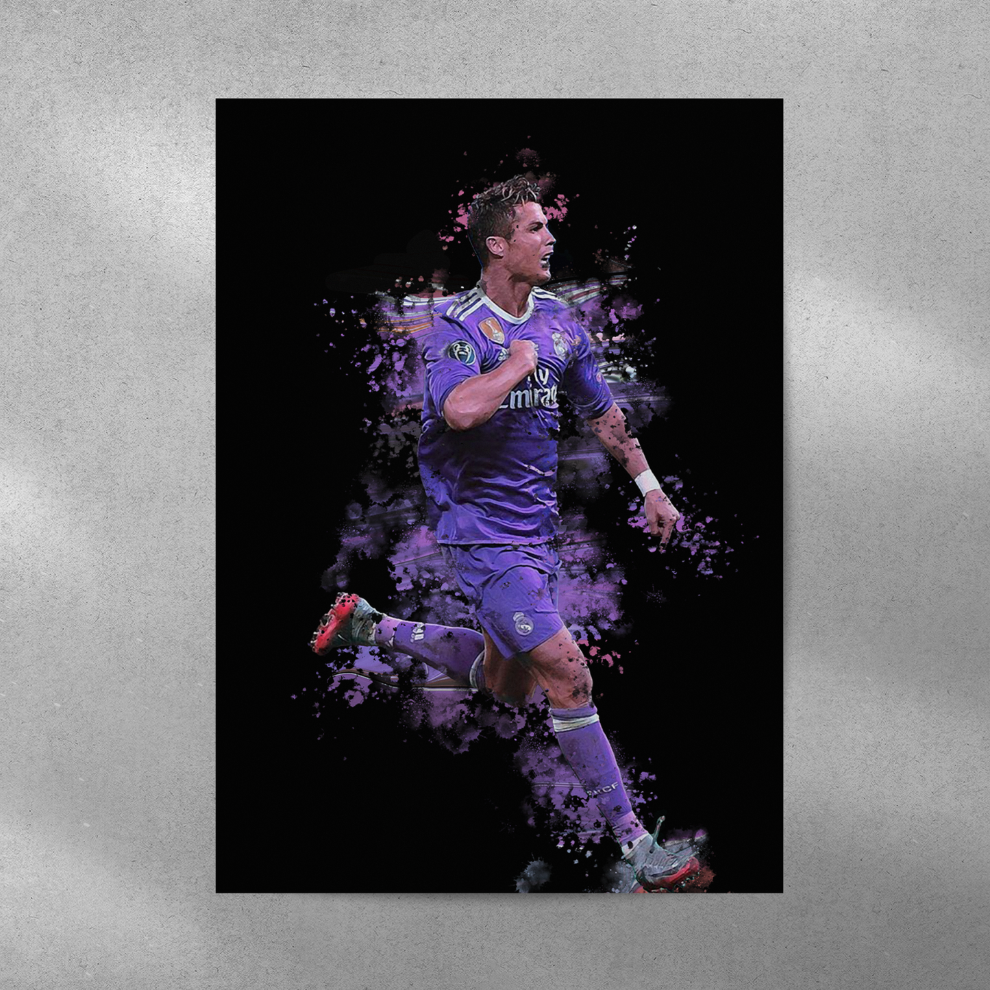 poster mockup of soccer player cristiano ronaldo on a grey wall