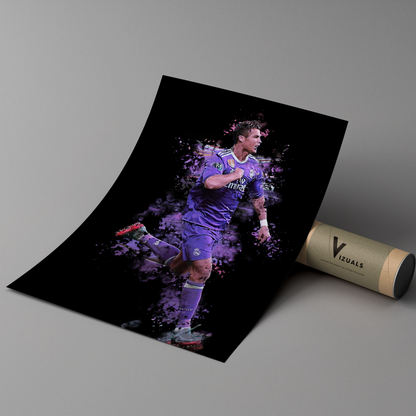 poster mockup of soccer player cristiano ronaldo leaning on a cardboard tube