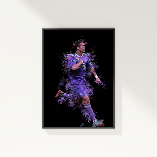 framed poster mockup of soccer player cristiano ronaldo hanging on a white wall