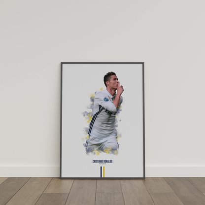 framed poster mockup of soccer player cristiano ronaldo leaning on a white wall