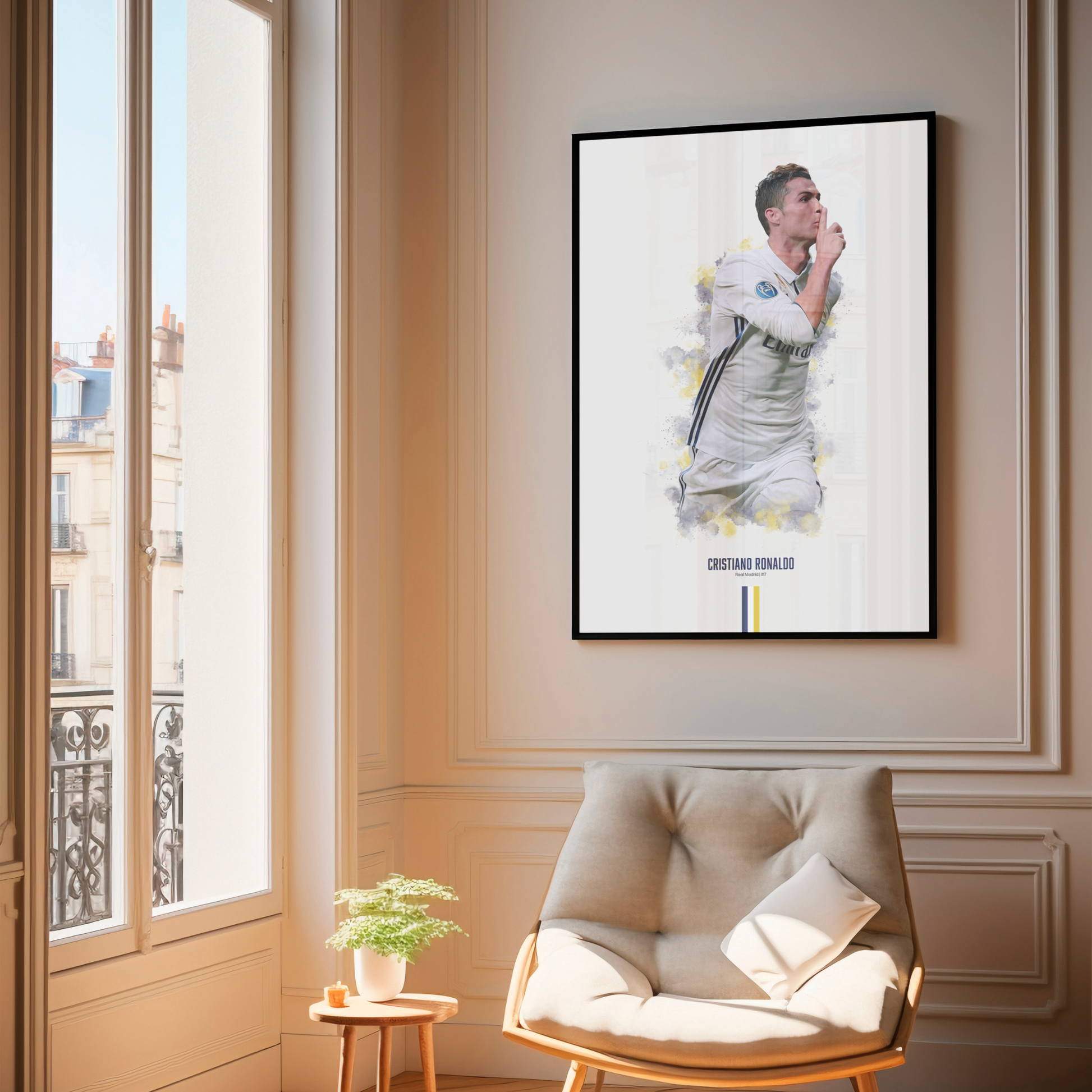 framed poster mockup of soccer player cristiano ronaldo hanging in a living room