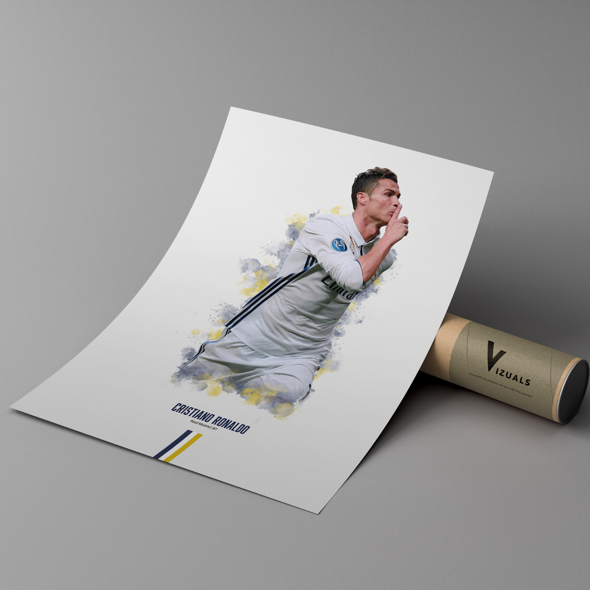 poster mockup of soccer player cristiano ronaldo leaning on a cardboard tube