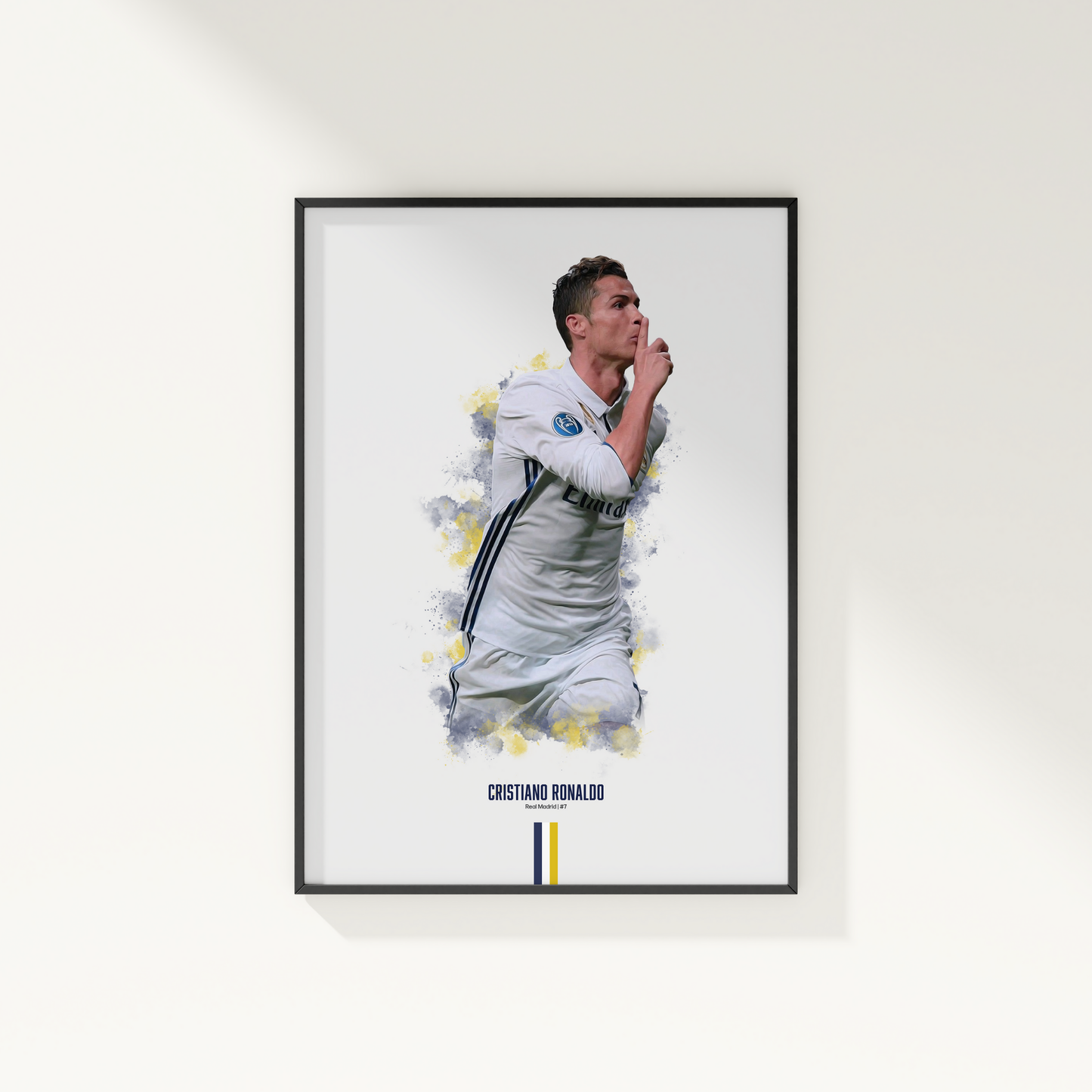 framed poster mockup of soccer player cristiano ronaldo hanging on a white wall