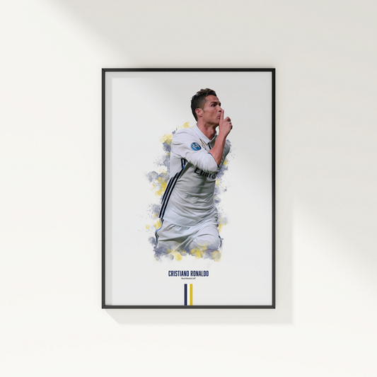 framed poster mockup of soccer player cristiano ronaldo hanging on a white wall