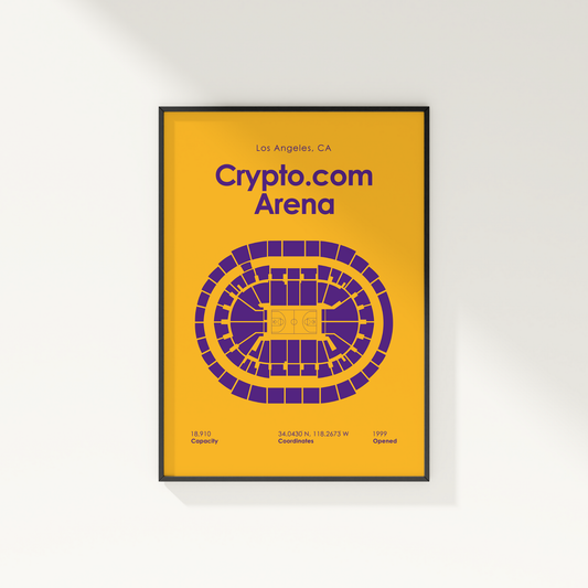 Framed poster of Crypto.com Arena with yellow background and purple design