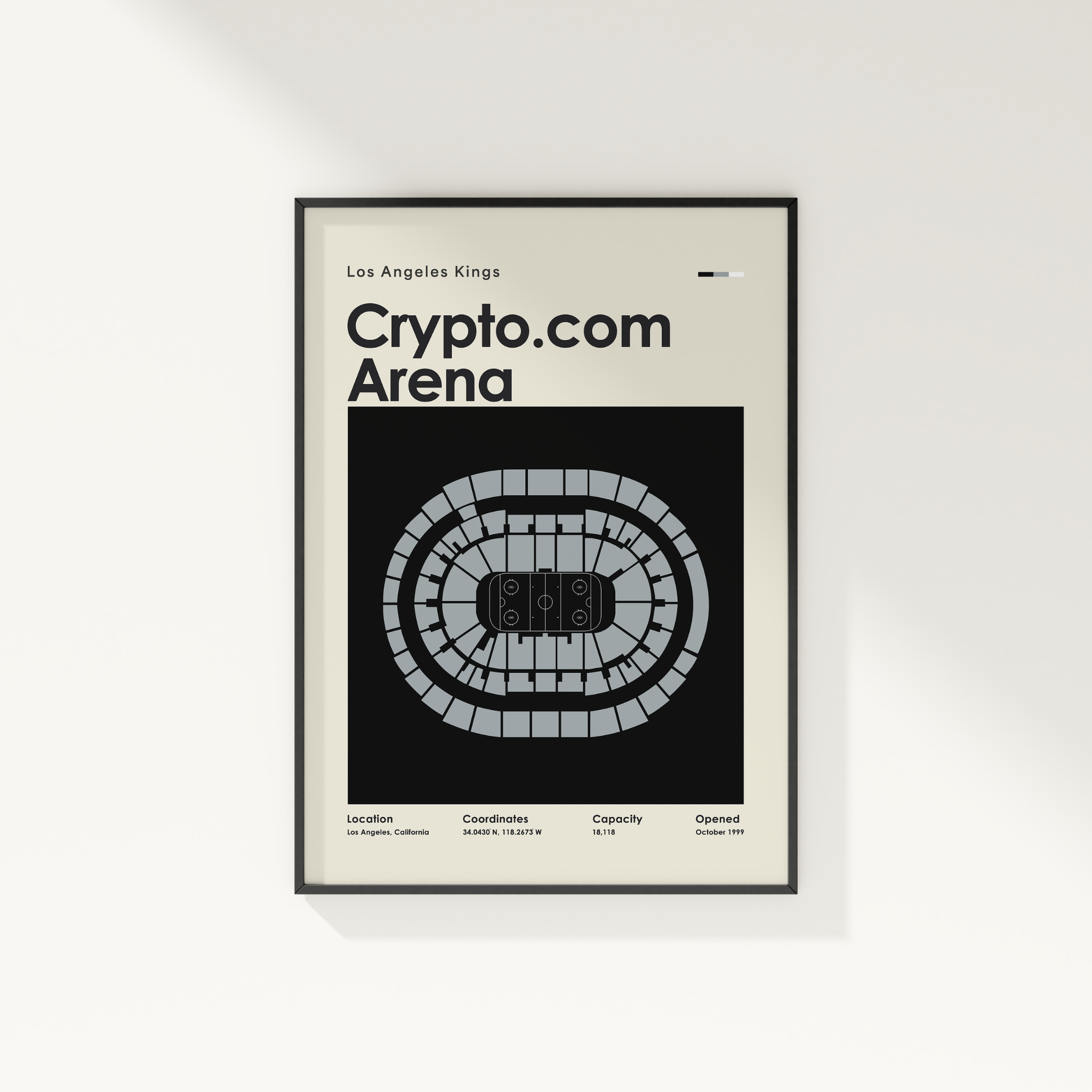 Framed poster of Crypto.com Arena with seating chart and arena details.