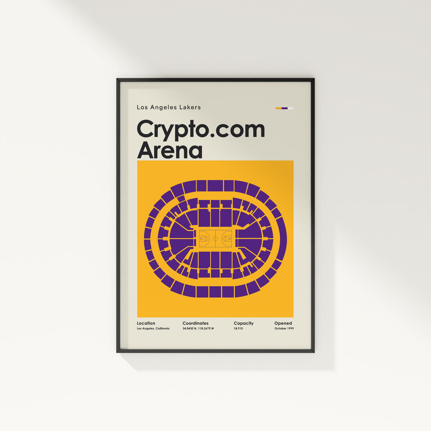 Framed poster of Crypto.com Arena with Los Angeles Lakers branding on a white wall.