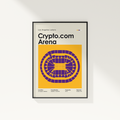 Framed poster of Crypto.com Arena with Los Angeles Lakers branding on a white wall.