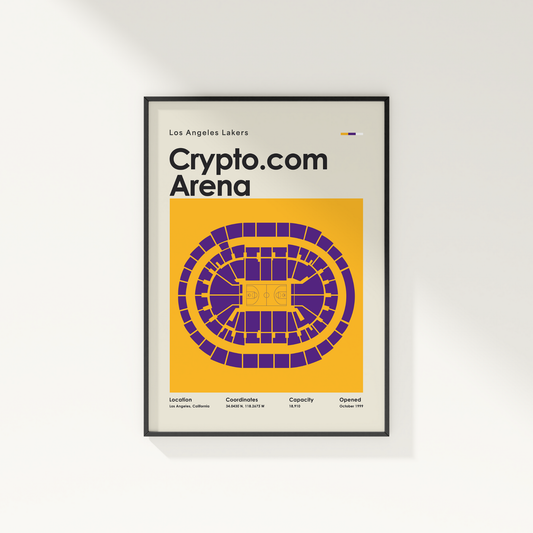 Framed poster of Crypto.com Arena with Los Angeles Lakers branding on a white wall.