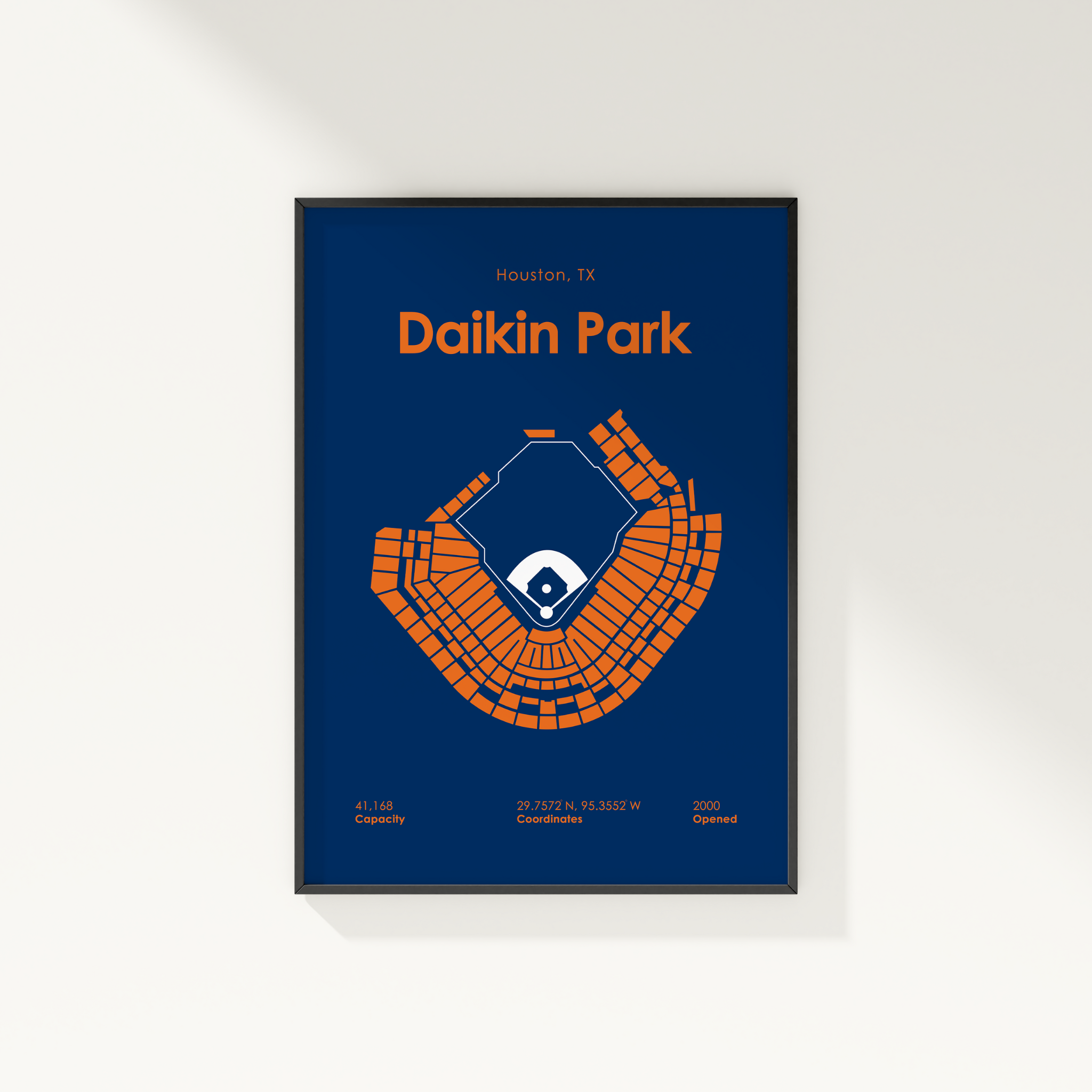 Framed poster of Daikin Park with blue and orange design on a white background