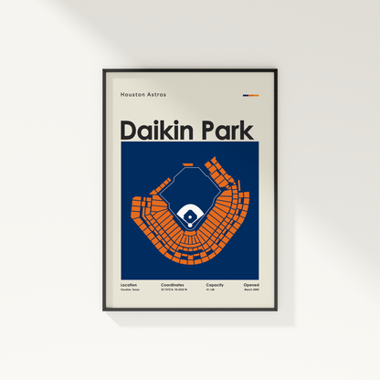 Framed poster of Daikin Park with Houston Astros branding on a white wall.