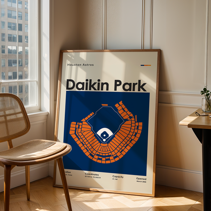 Poster of Daikin Park in a room with a chair and table.
