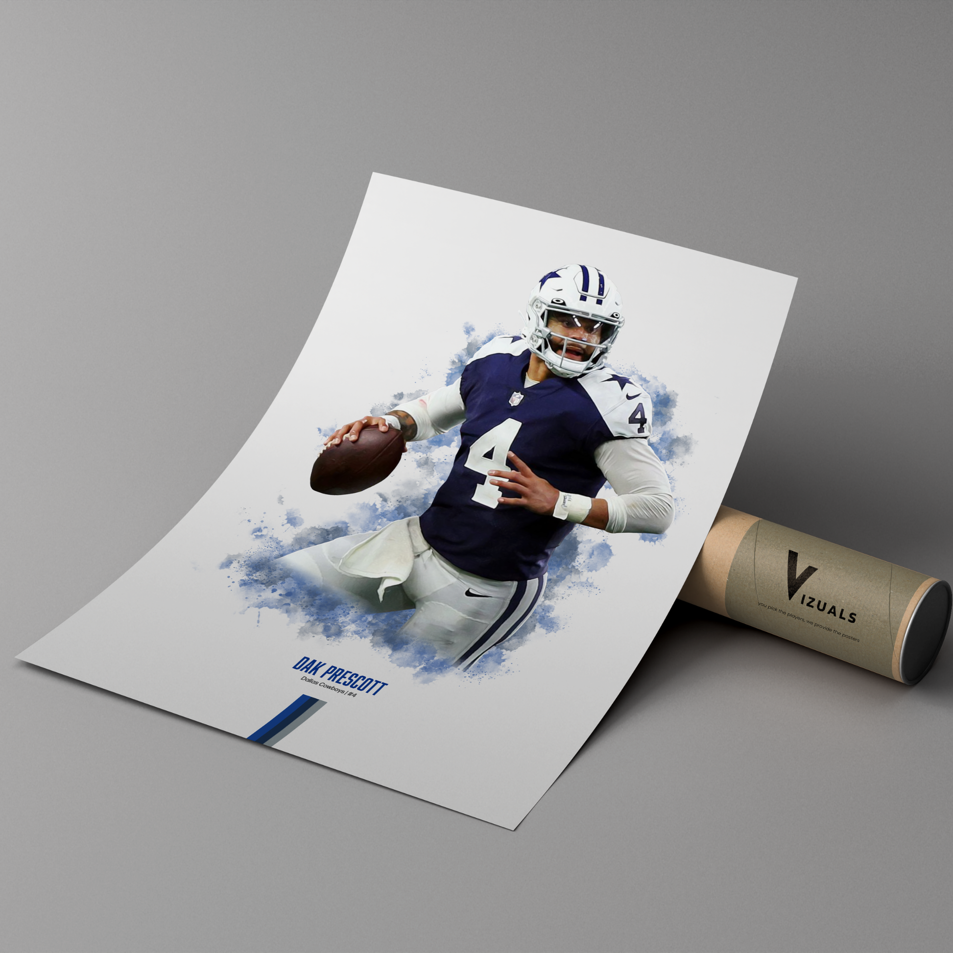 poster mockup of football player dak prescott leaning on a cardboard tube