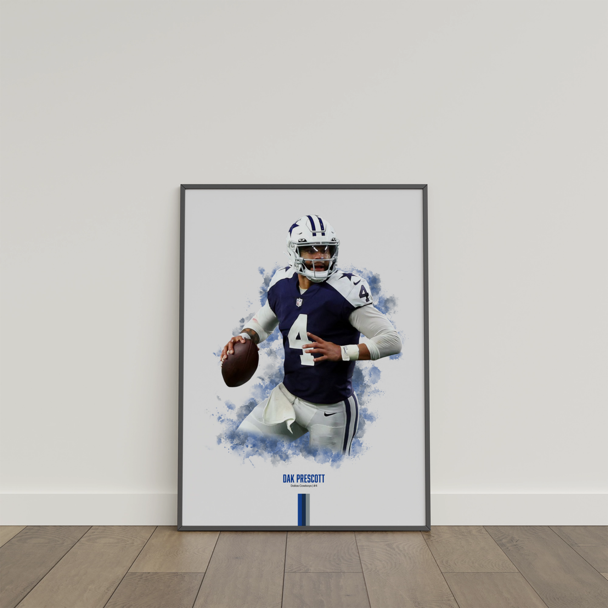 framed poster mockup of football player dak prescott leaning on a white wall