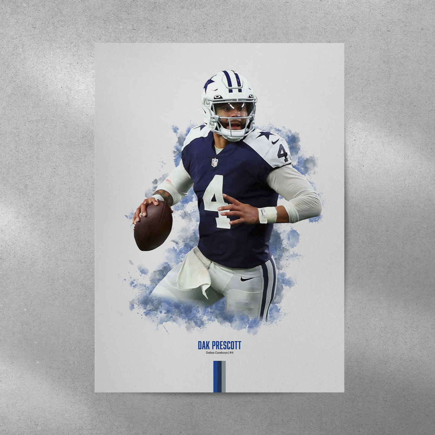 poster mockup of football player dak prescott on a grey wall