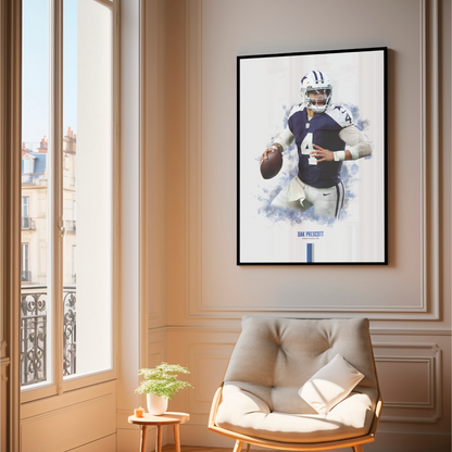 framed poster mockup of football player dak prescott hanging in a living room