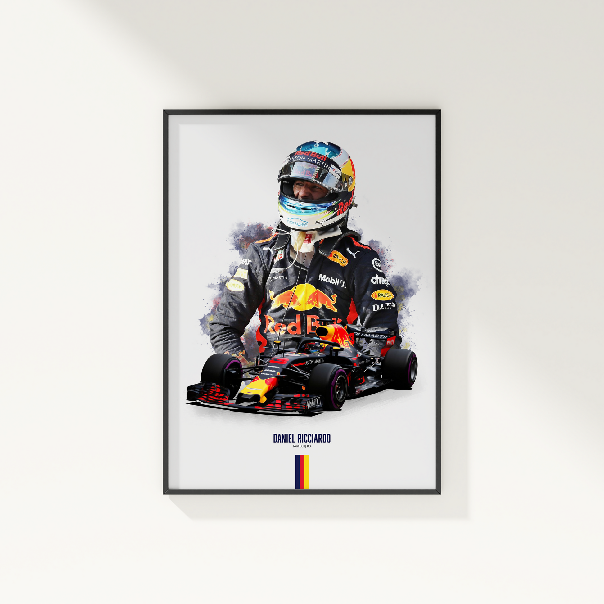 framed poster mockup of formula 1 driver daniel ricciardo hanging on a white wall