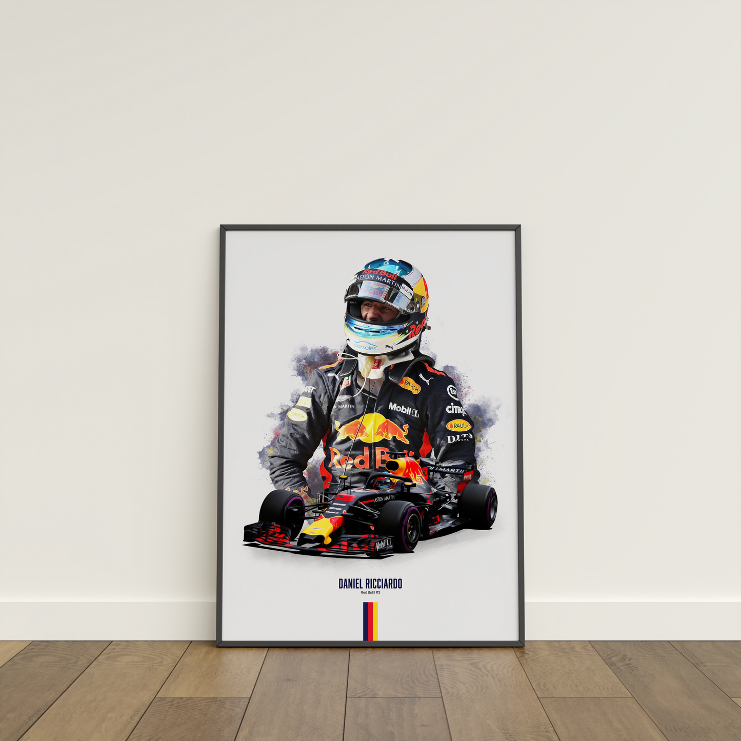 framed poster mockup of formula 1 driver daniel ricciardo leaning on a white wall