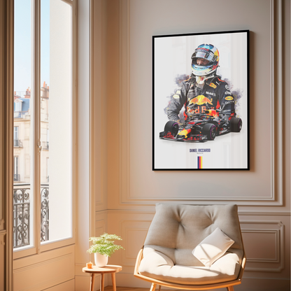 framed poster mockup of formula 1 driver daniel ricciardo hanging in a living room