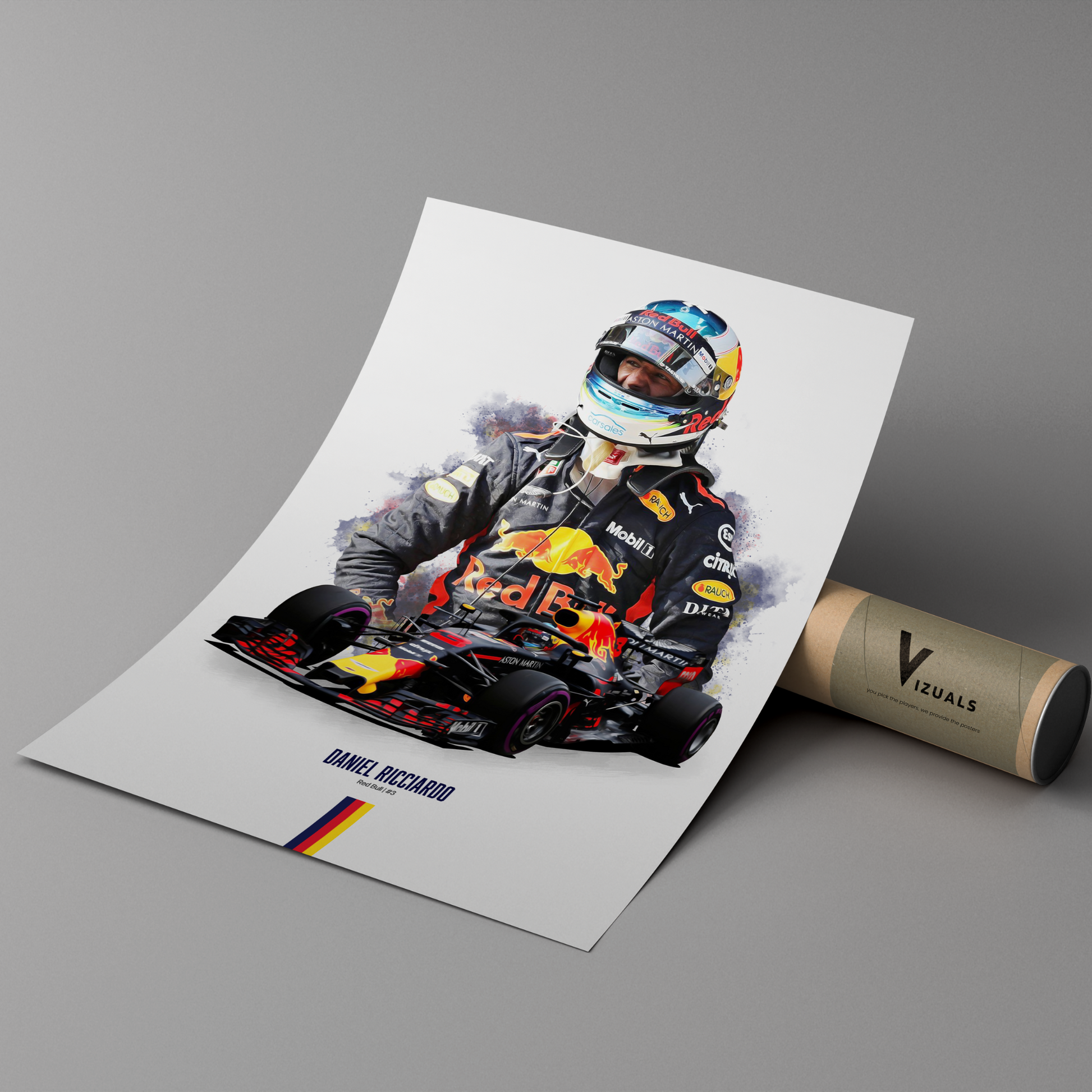 poster mockup of formula 1 driver daniel ricciardo leaning on a protective cardboard tube