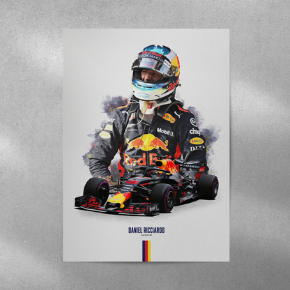 poster mockup of formula 1 driver daniel ricciardo on a grey wall