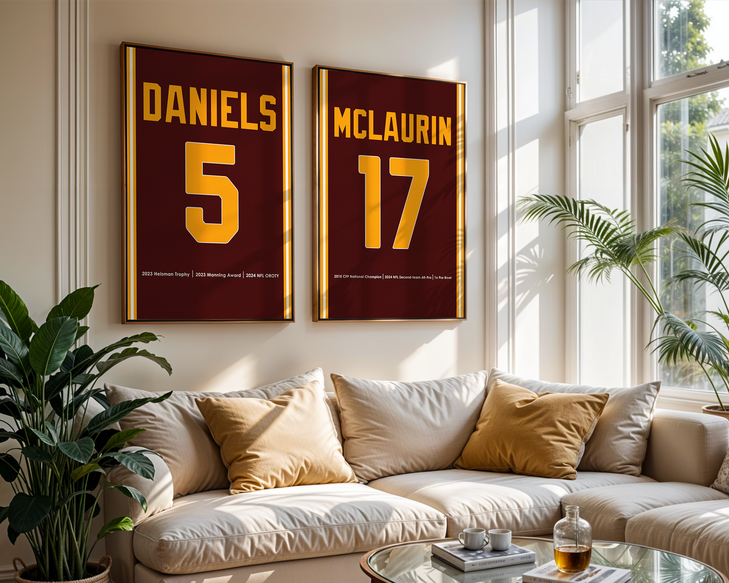 Living room with framed sports jerseys on the wall above a beige sofa.