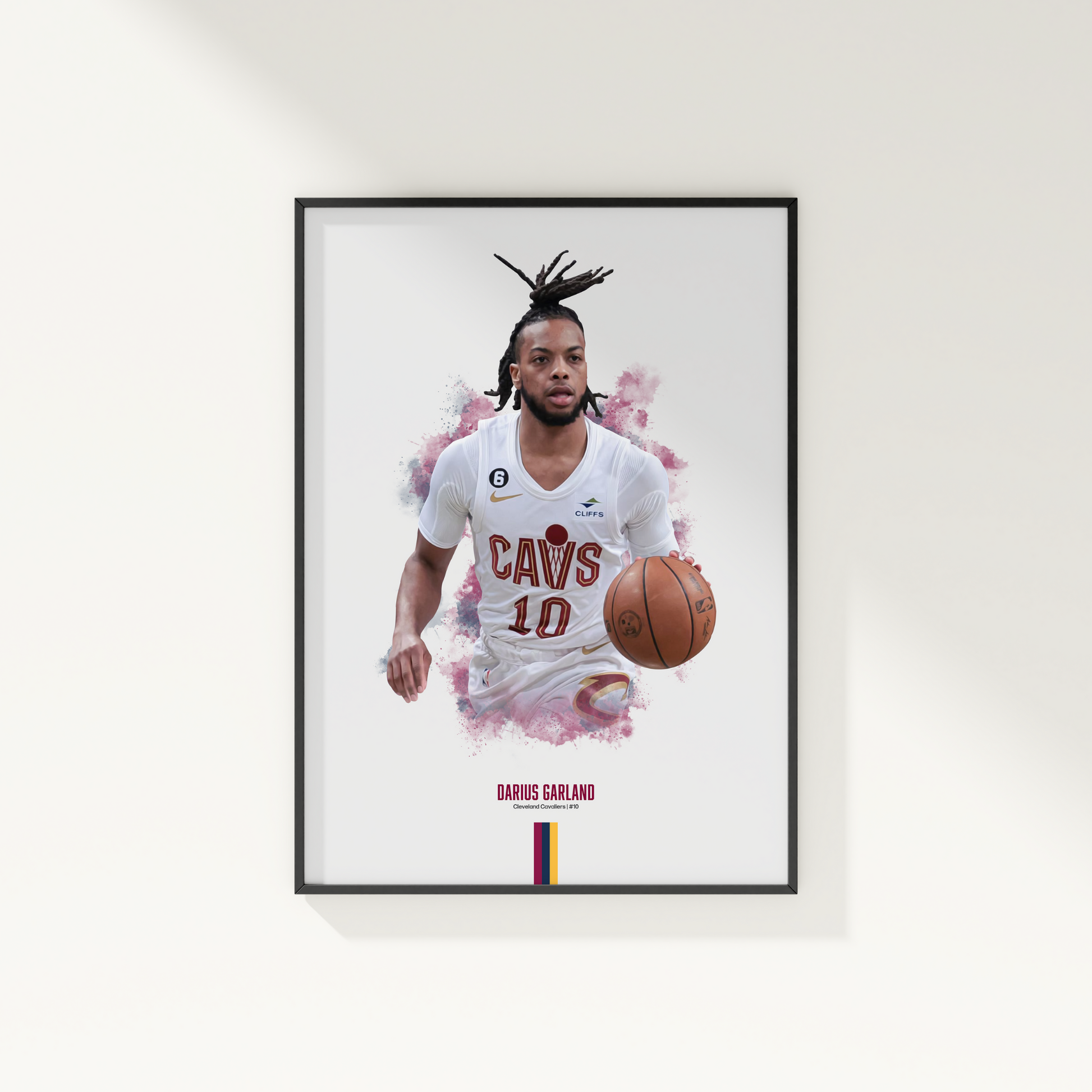 framed poster mockup of basketball player darius garland hanging on a white wall