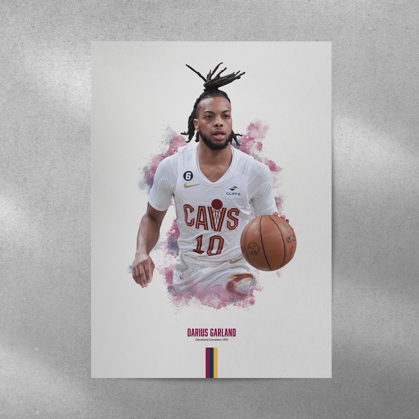 poster mockup of basketball player darius garland on a grey wall