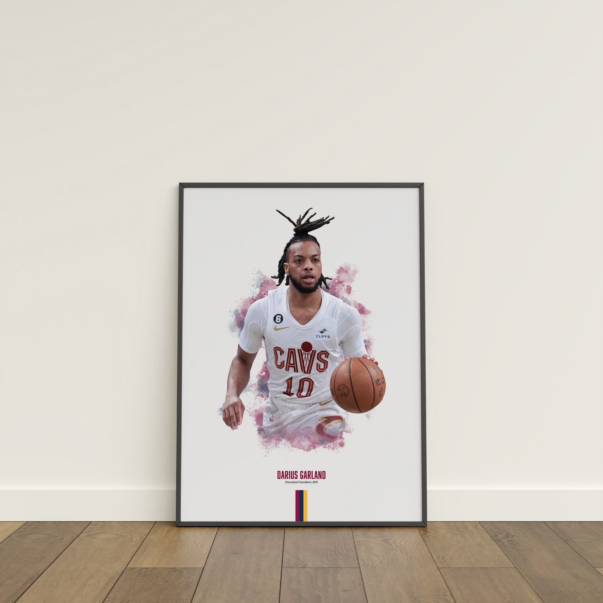 framed poster mockup of basketball player darius garland leaning on a white wall