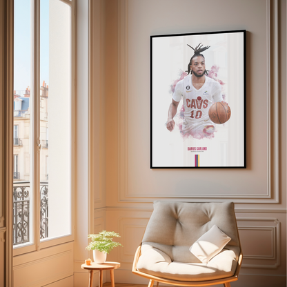 framed poster mockup of basketball player darius garland hanging in a living room