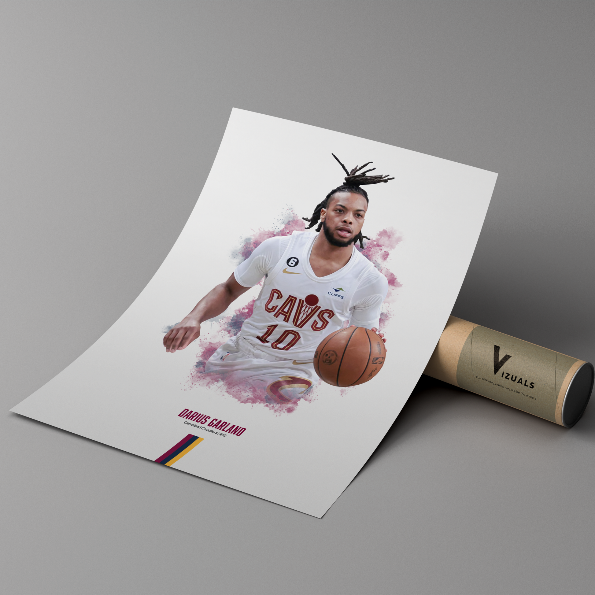 poster mockup of basketball player darius garland leaning on a cardboard tube