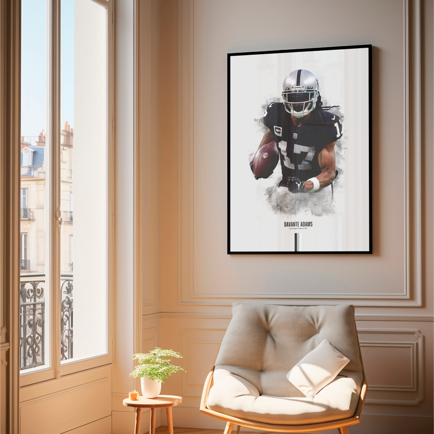 framed poster mockup of football player davante adams hanging in a living room