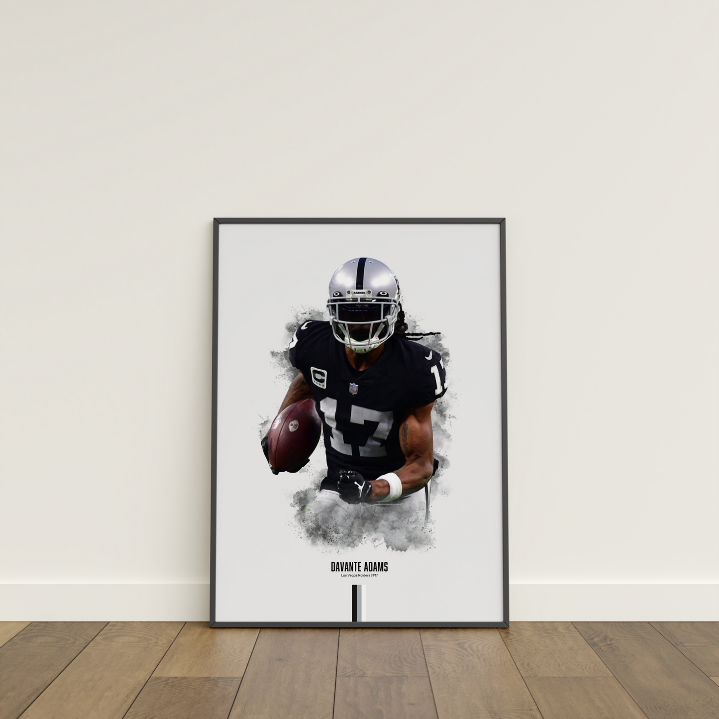 framed poster mockup of football player davante adams leaning on a white wall