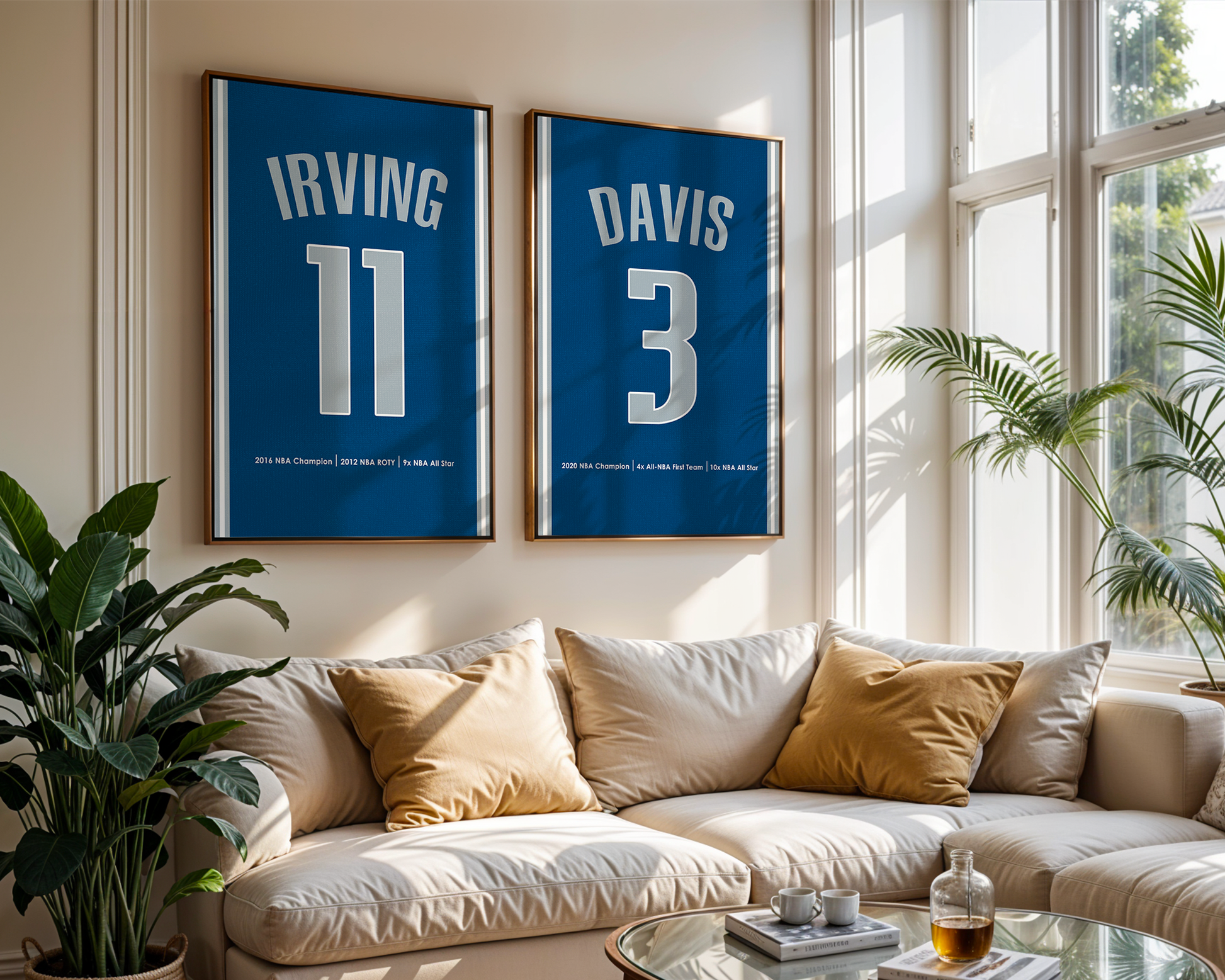 Living room with framed sports jerseys on the wall and a beige sofa.